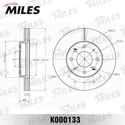 Диск тормозной передний вентилируемый mitsubishi galant VI R15 97>00, d=276 мм. (iso 9001). - Miles K000133
