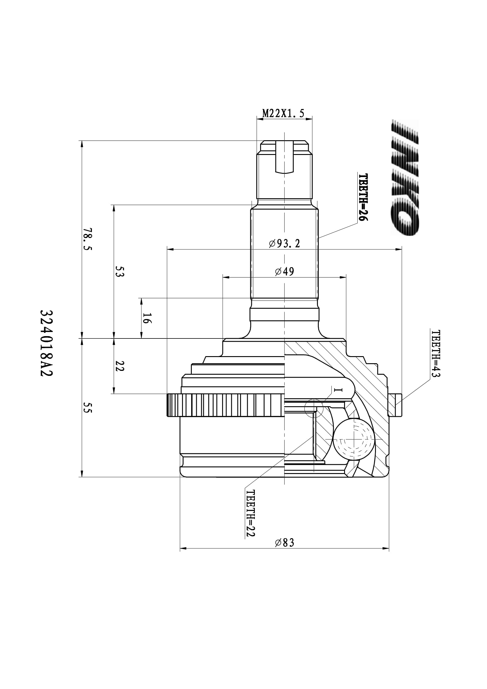 Шрус внешний 26/22 ABS 43 | перед | - INKO 324018A2