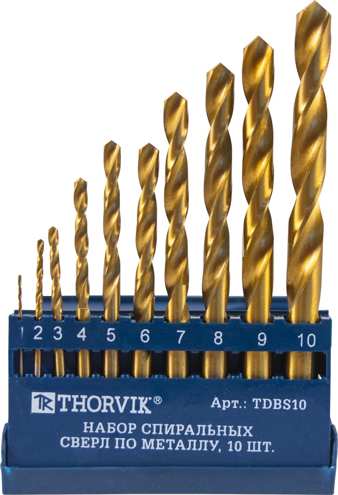 Набор спиральных сверл по металлу HSS TiN в пластиковом кейсе, d1.0-10.0 мм, 10 предметов - Thorvik TDBS10