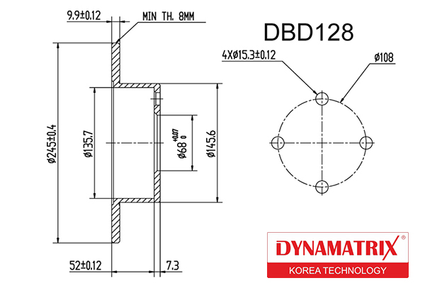 Диск тормозной | зад | - DYNAMATRIX DBD128
