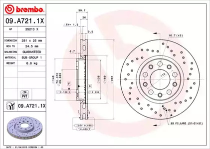 Тормозной диск | перед | - Brembo 09.A721.1X