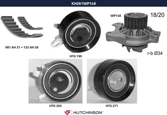 Комплект ремня ГРМ + насос водяной - Hutchinson KH 261WP148