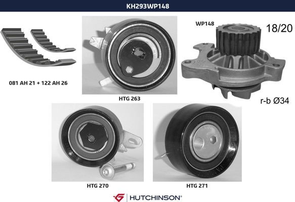 Комплект ремня ГРМ + насос водяной - Hutchinson KH 293WP148