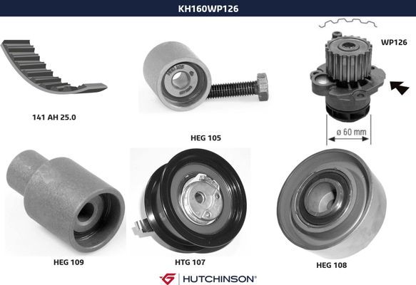 Комплект ремня ГРМ + насос водяной - Hutchinson KH 160WP126