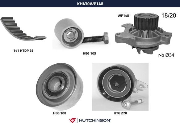 Комплект ремня ГРМ + насос водяной - Hutchinson KH 430WP148