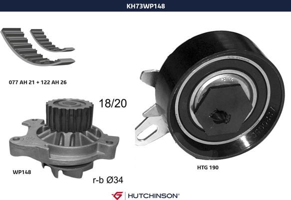 Комплект ремня ГРМ + насос водяной - Hutchinson KH 73WP148