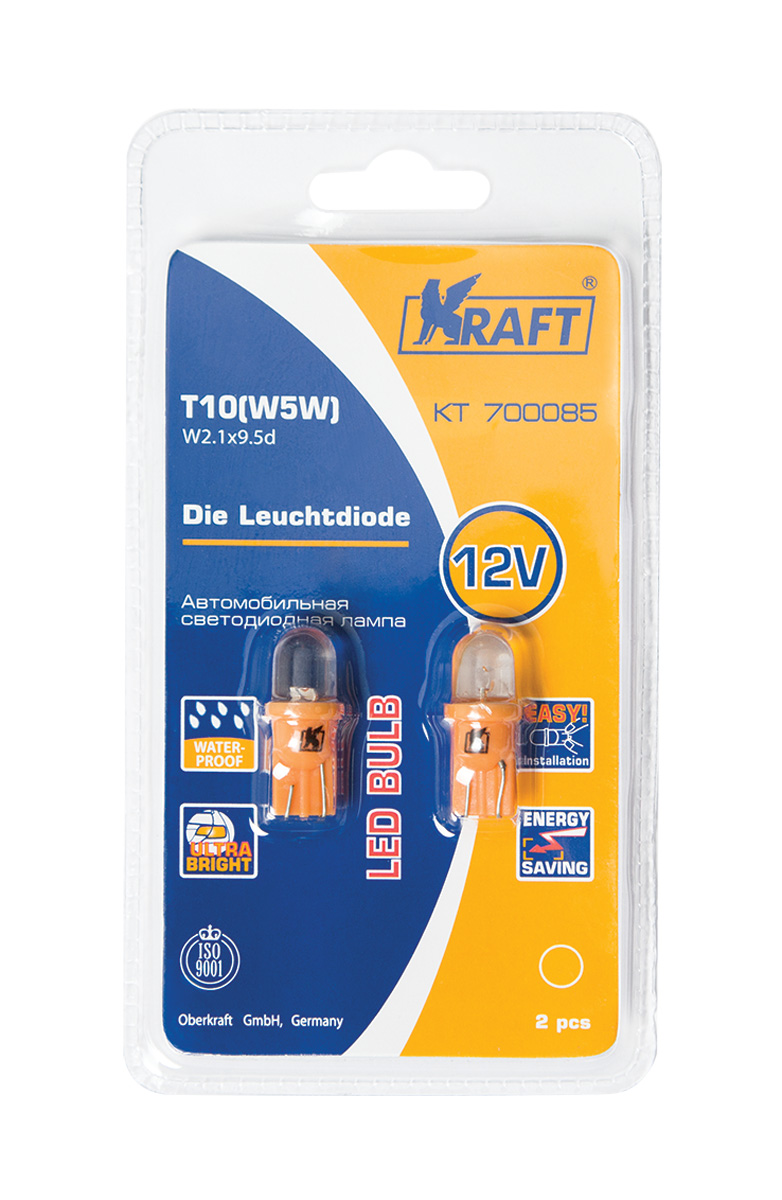 Светодиодная лампа T10 W5W (W2.1x9.5d) 12v Yellow (2 шт.Блистер) - KRAFT KT 700085