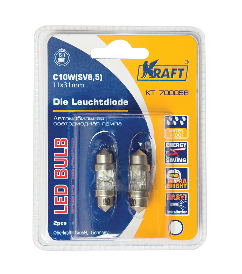 Светодиодная лампа c10w (sv8,5) 11x31white 2 LEDs (2 шт.Блистер) - KRAFT KT 700056