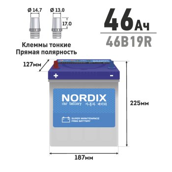 АКБ nordix 46 А/ч r ССА 370а 190*127*200, НЕобслуж., мл.клемма (1/128) - NORDIX SMF46B19R.NDX