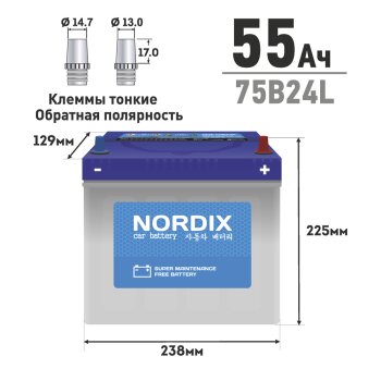 АКБ nordix 55 А/ч l (обр.) ССА 520а 240*127*200, НЕобслуж., мл.клемма (1/96) - NORDIX SMF75B24L.NDX