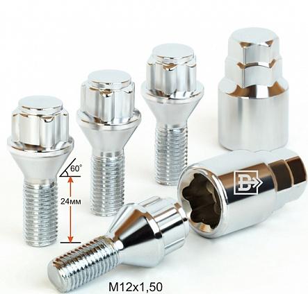 Болт колесный m12*24*1,5 (секрет., конус с буртиком, 5 лучей, 2 ключа) - Вектор 375093Н2