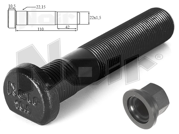 Шпилька c гайкой колесная задняя (барабанный тормоз) M22x1,5x110 mm - Noir 8126000
