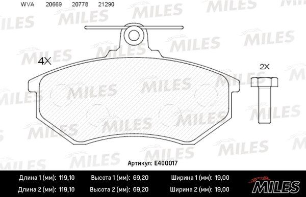Колодки тормозные audi а80/volkswagen 87>97 передние - Miles E400017