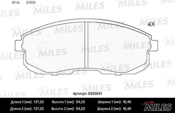 Колодки тормозные nissan juke/maxima/teana/tiida/suzuki SX4 перед. б/инд.износа - Miles E400041