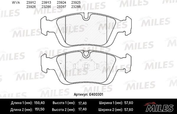 Колодки тормозные передние BMW e36/e46/z3 e36/z4 E85 98> ( Смесь Low-Metallic, ISO 9001 ). - Miles E400301