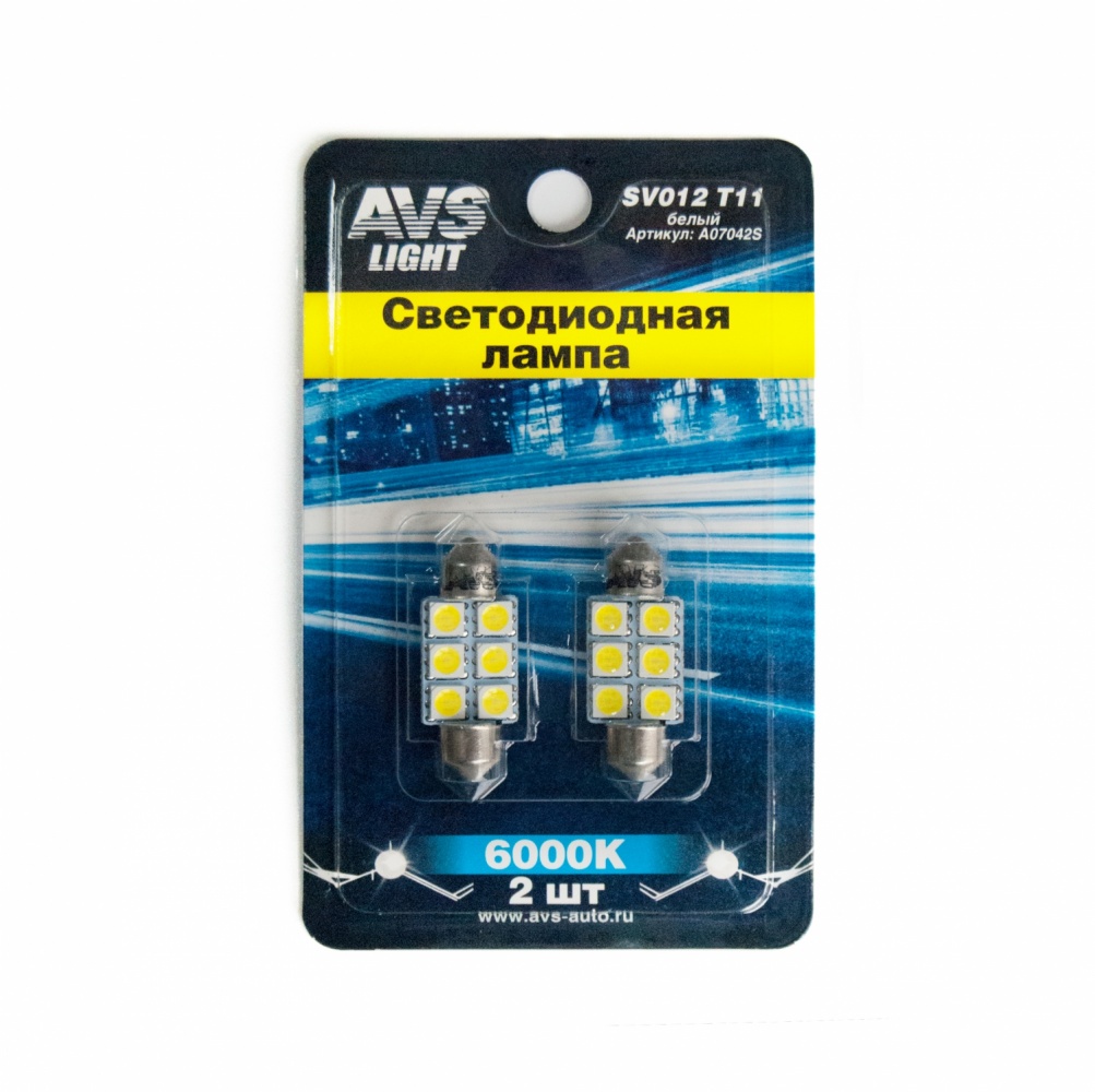 Лампа светодиодная sv012 T11/белый/ (sv8,5/8) 6smd 5050 36мм, блистер 2 шт. - AVS A07042S