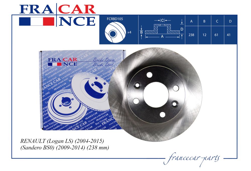 Диск тормозной renault logan/sandero 04- перед. 238мм | перед | - Francecar FCRBD105