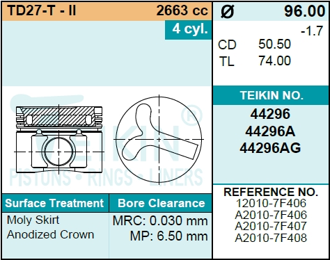 Комплект поршней td27-t-ii(4шт.без колец) - Teikin 44296STD