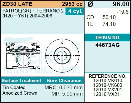 Комплект поршней zd30(4шт.без колец) - Teikin 44673AGSTD