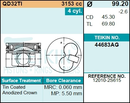 Комплект поршней qd32ti(4шт.без колец) - Teikin 44683AGSTD