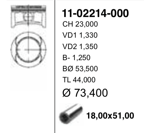 Поршень ДВС Opel Astra/Corsa 1.4 16V x14xe =73.4 1.2x1.2x2 std 00> - YENMAK 1102214000