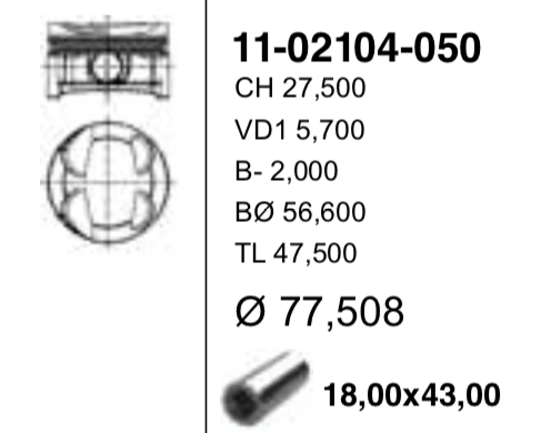 Поршень ДВС без колец Citroen. Peugeot 1.6 EP6 =77 1.2x1.5x2.0 18.0x43 - YENMAK 1102104050
