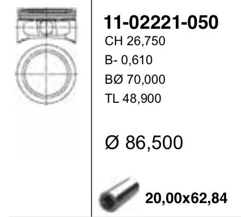 Поршень ДВС Opel Omega/Vectra 2.2i 16V z22se =86 1.2x1.5x2.5  0.50 97 - YENMAK 1102221050