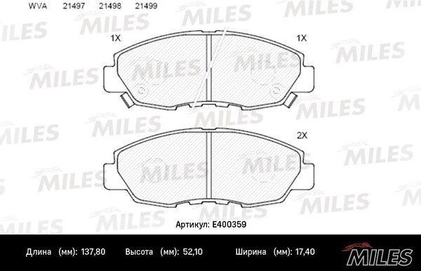 Колодки тормозные передние, honda accord 2.0-2.2 90-93 ( Смесь Low-Metallic, ISO 9001 ). - Miles E400359