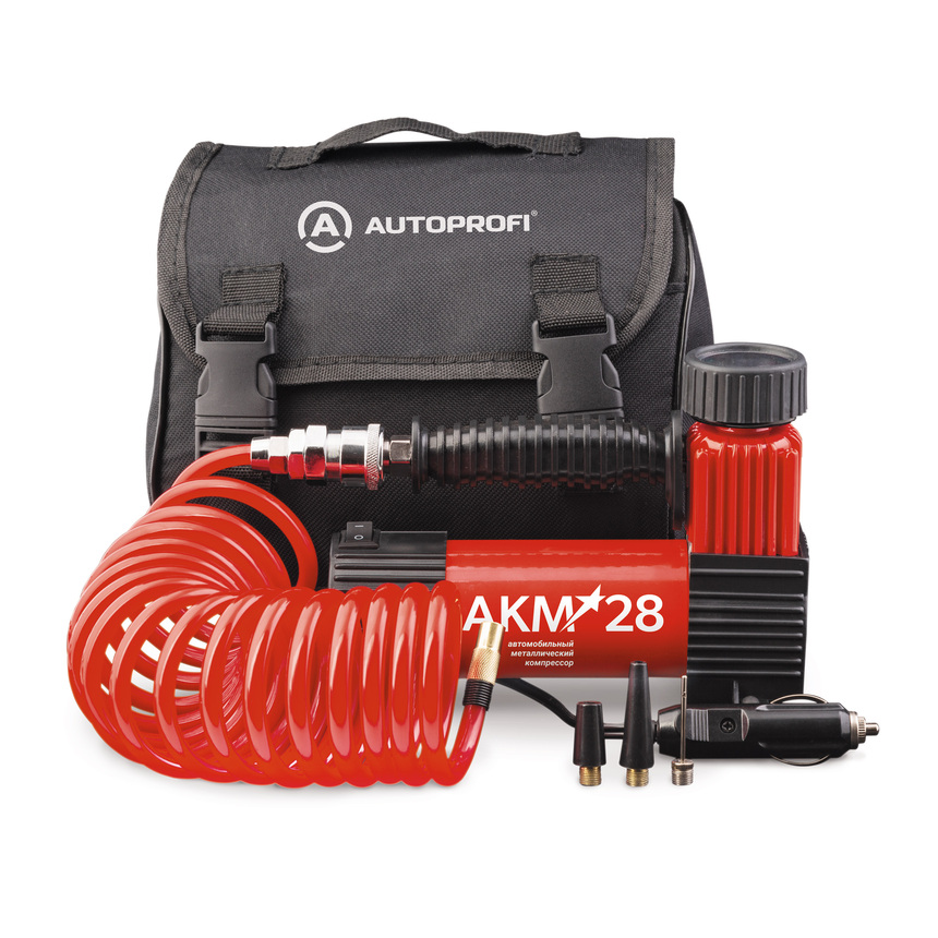 Компрессор autoprofi 28л/мин, 130Вт до 7 Атм/съемный шланг 3 м., кабель питания 3 м., питание от прикуривателя, сумка, набор из 3-х переходников - Autoprofi AKM-28