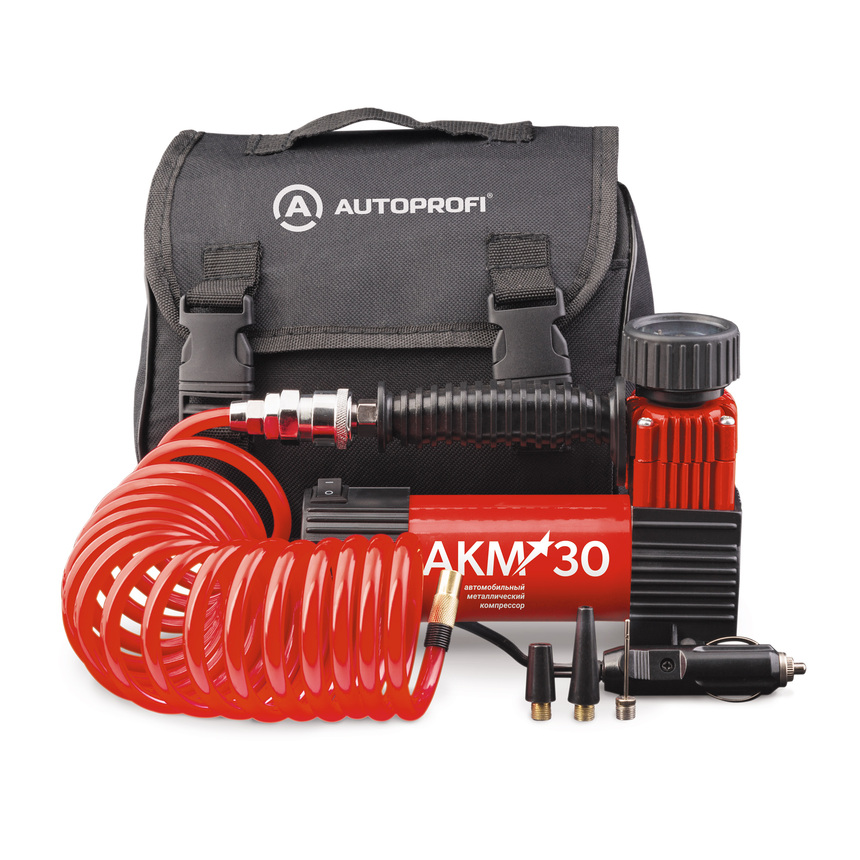 Компрессор autoprofi 30л/мин, 150Вт до 7 Атм/съемный шланг 3 м., кабель питания 3 м., питание от прикуривателя, сумка, набор из 3-х переходников - Autoprofi AKM-30