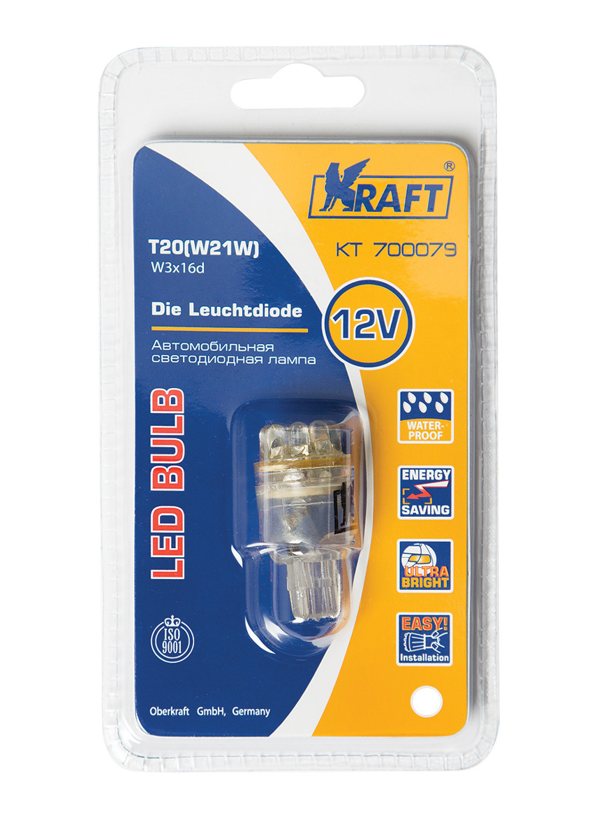 Светодиодная лампа T20 w21w (W3x16d) 12v White 9 LEDs (1 шт.Блистер) - KRAFT KT 700079