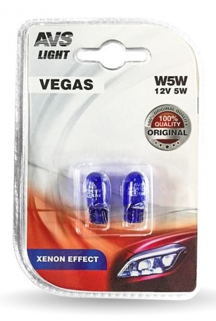Лампа Vegas в блистере 12V W5W xenon effect (W2,1x9,5d) кт.2 шт. - AVS A07432S