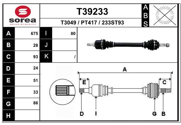 Полуось PSA 508  1.6VTi 16V ep6c , 1.6HDi dv6c робот левая - EAI T39233