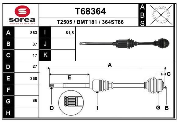 Полуось передняя BMW 5-сер. (f10, f11, f18), 6-сер. (f12, f13) X-Drive правая | перед прав | - EAI T68364