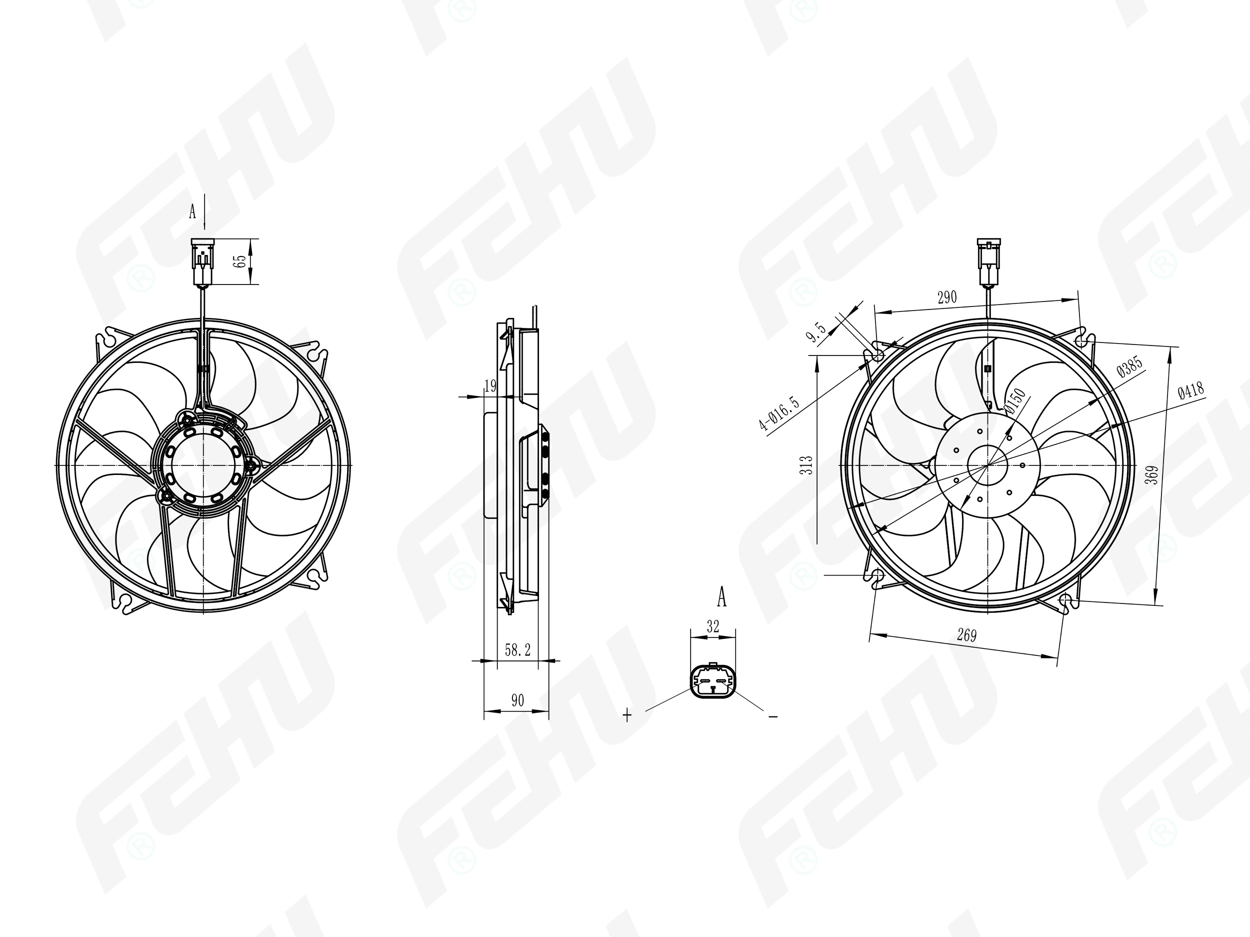 Электровентилятор охлаждения с Кожухом для Peugeot/Citroen 307 (00-)/308 (07-)/c4 (04-) - FEHU FFC1001h