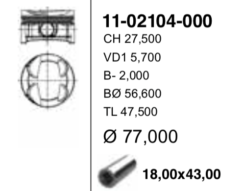 77,00 mm. Поршень с пальцем без колец - YENMAK 1102104000