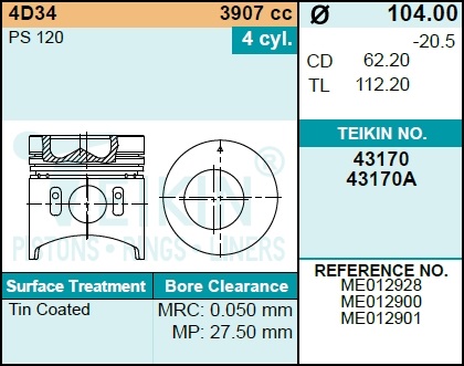 Поршень двигателя  43170 STD (4шт/упак) - Teikin 43170STD