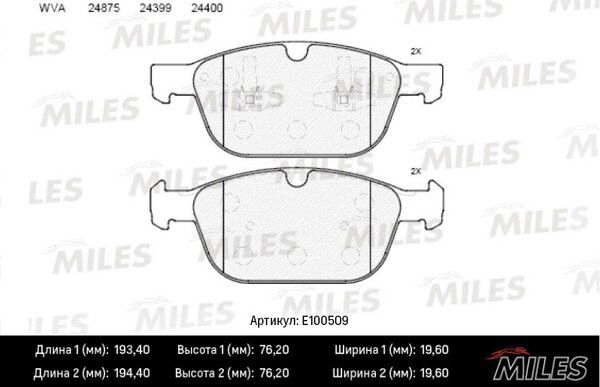 Колодки тормозные volvo XC 60 2008/05-2017(code-re04)/ xc90 2002/10-2014/12- передние - Miles E100509