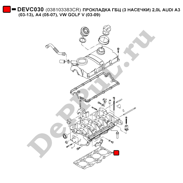 Прокладка гбц (3 насечки) 2,0l audi a3 (03-13), a4 (05-07), vw golf v (03-09) - DePPuL DEVC030