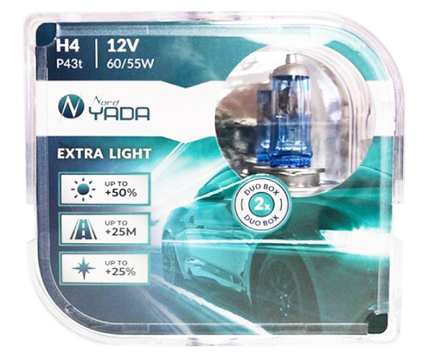 Лампа H4 12V 60/55w extra light +50 % Plastic case - 2 шт - Nord Yada 907364