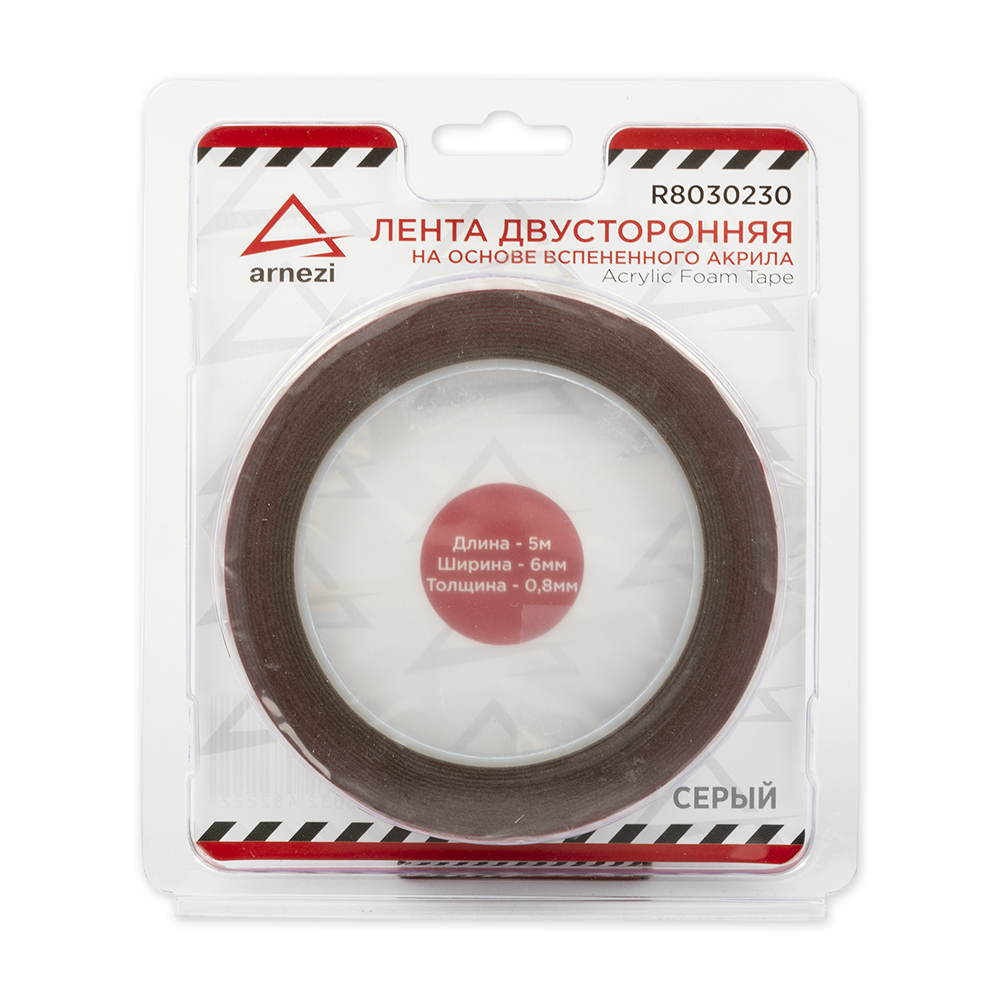 Лента липкая двусторонняя 0,8мм x 6мм х 5м акриловый, в блистере - ARNEZI R8030230