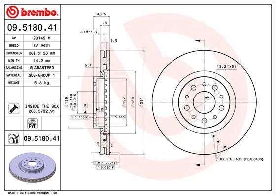 Диск тормозной UV Coated | перед | - Brembo 09.5180.41