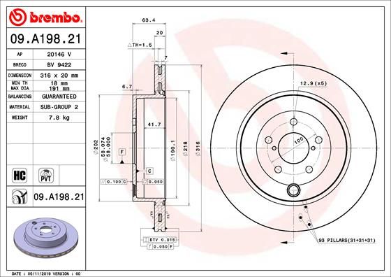 Диск тормозной UV Coated | зад | - Brembo 09.A198.21