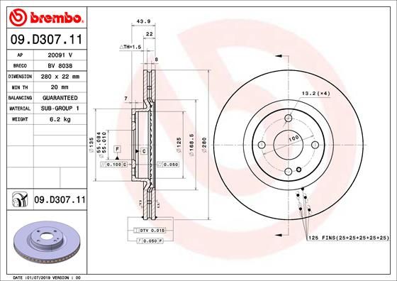 Диск тормозной UV Coated | перед | - Brembo 09.D307.11