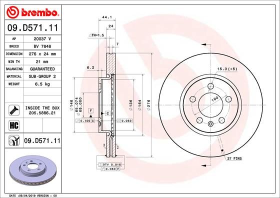 Диск тормозной UV Coated | перед | - Brembo 09.D571.11