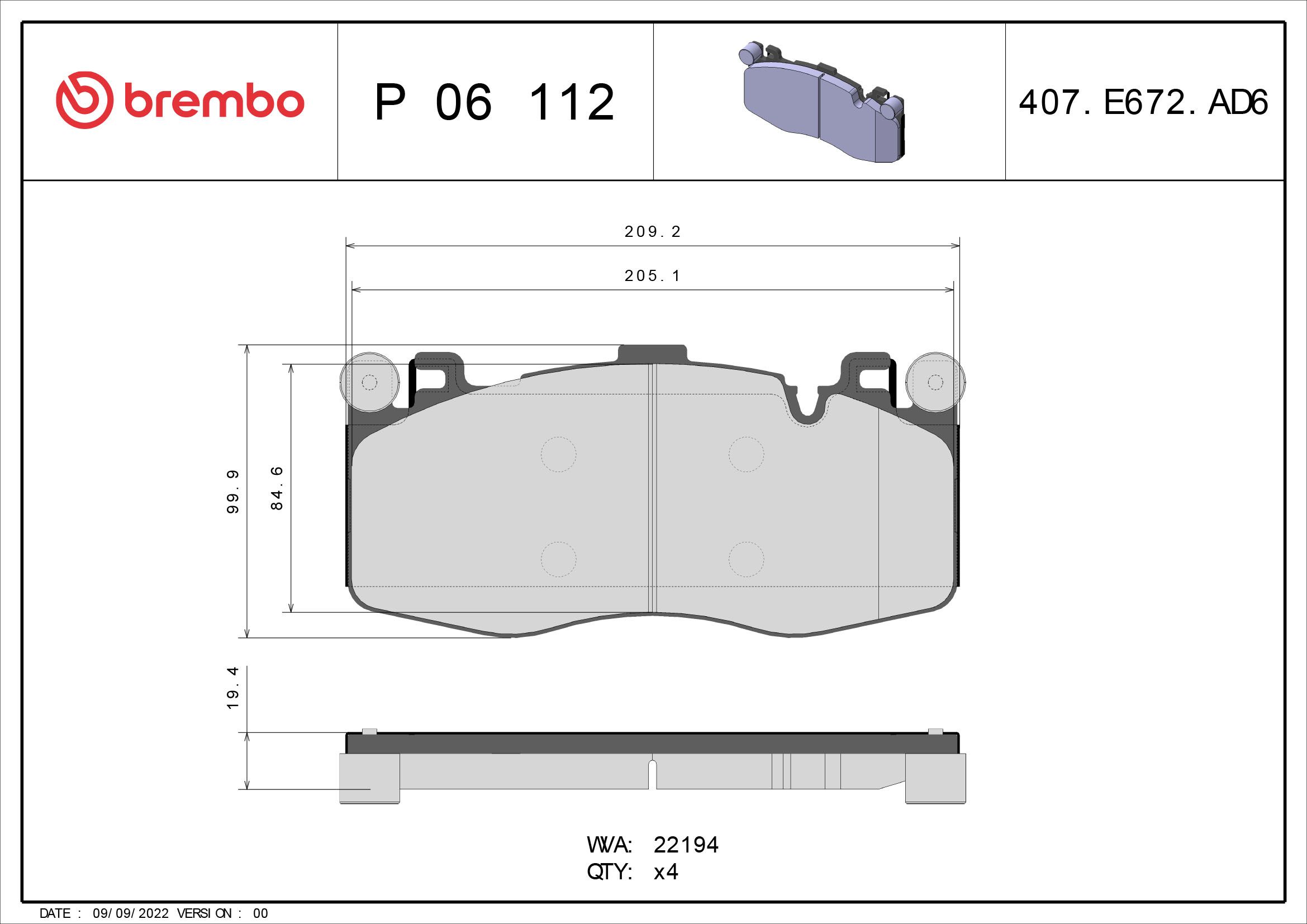 Колодки тормозные дисковые | перед | - Brembo P 06 112