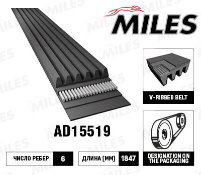 Ремень приводной поликлиновой 6pk1843e - Miles AD15519