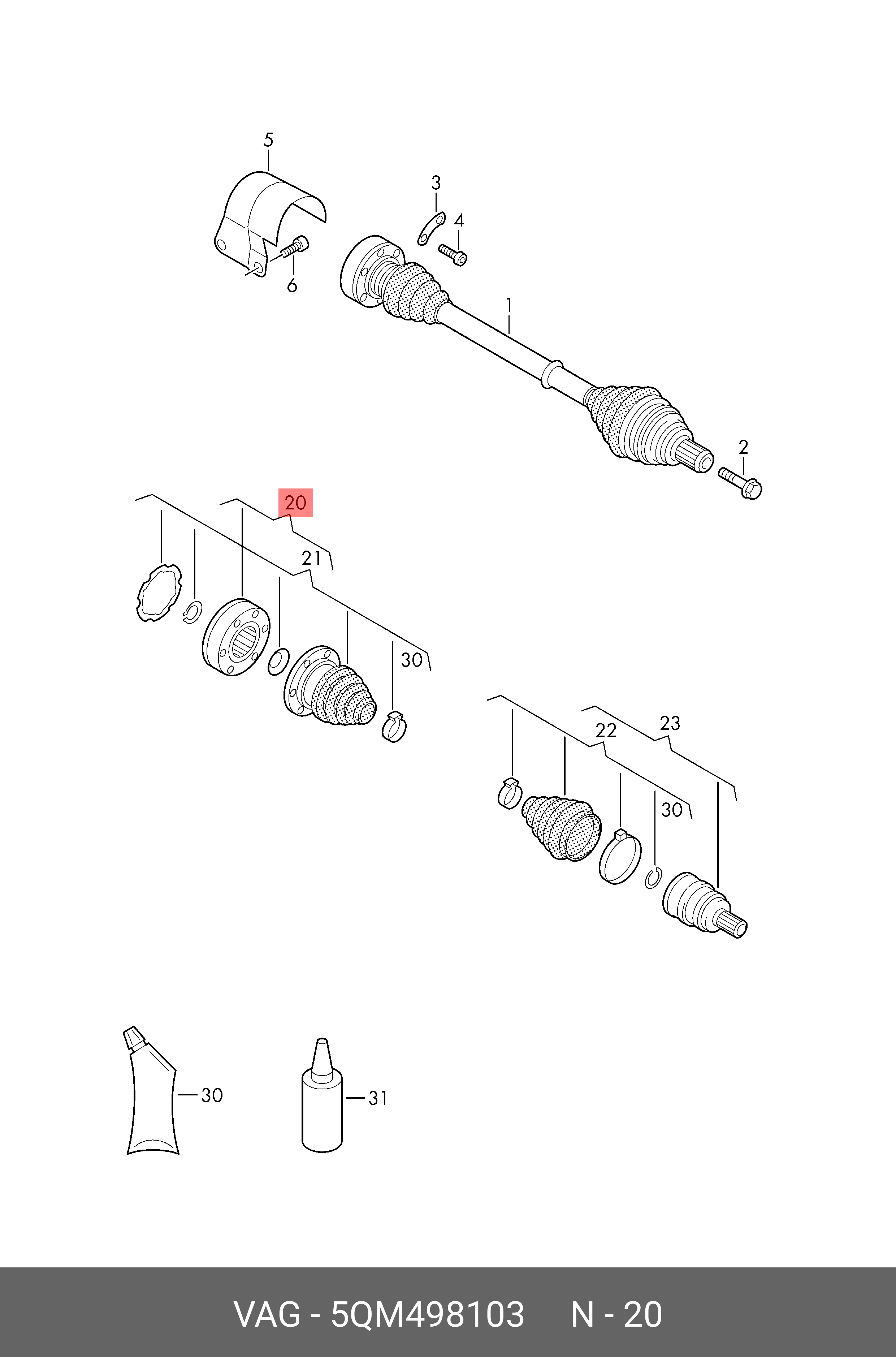 Шрус с пыльником, монтажными деталями и пластичной смазкой - VAG 5QM498103