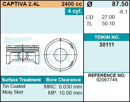 Поршни (к-т 4 шт) chevrolet captiva/opel antara/daewoo winstorm 2,4 z24xe 07- - Teikin 30111STD