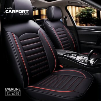 Чехлы (накидки)  Everline, экокожа, комплект, черный с красной прошивкой - CarFort EL6030